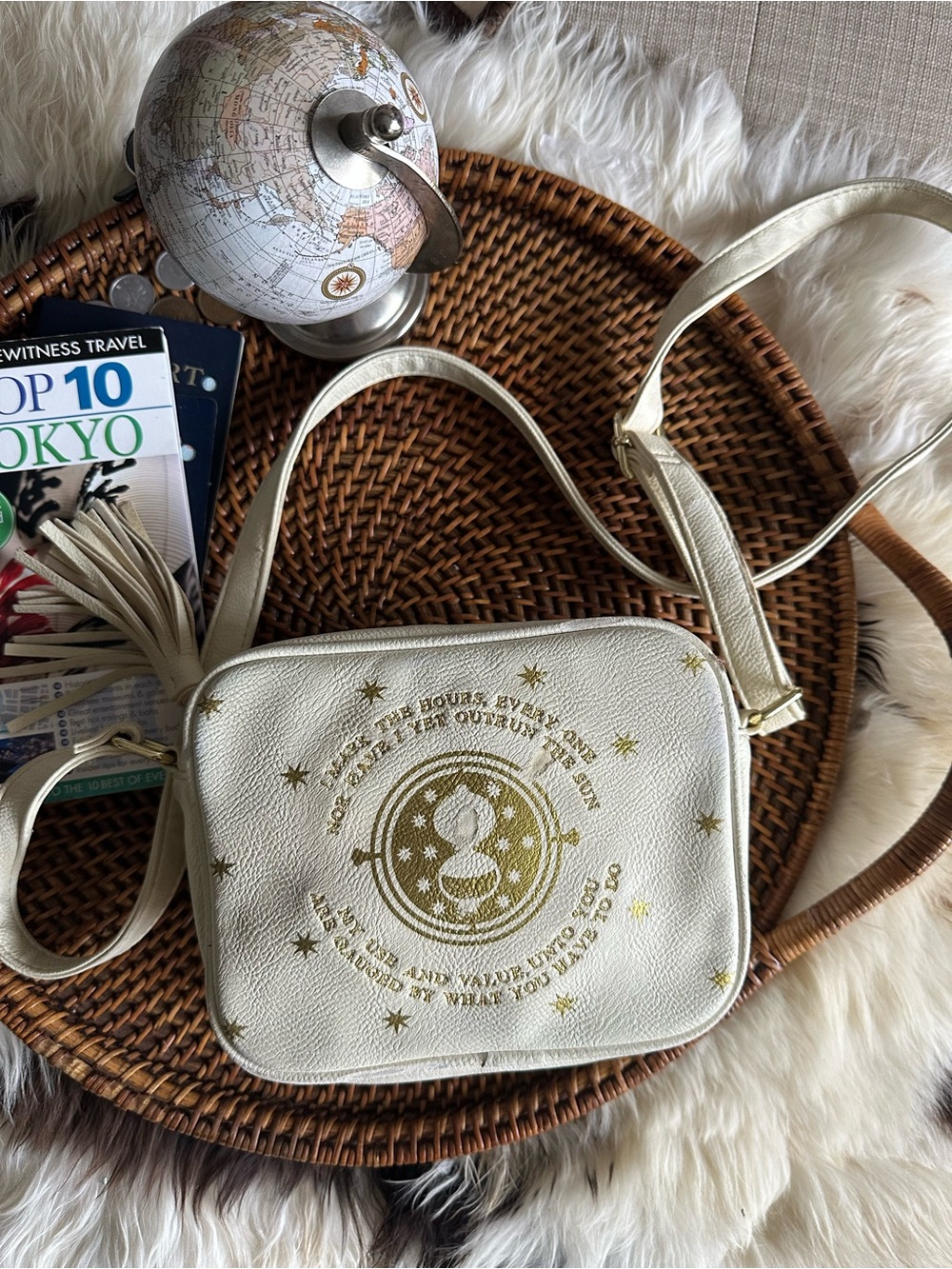 LOUNGEFLY Harry Potter Time Turner Cream Gold-Print Tassel Crossbody Bag